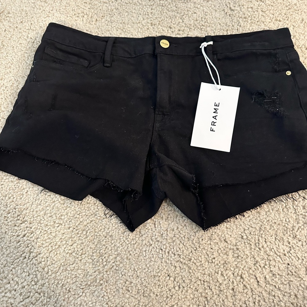 Frame Denim Black Jean Shorts Raw Hem